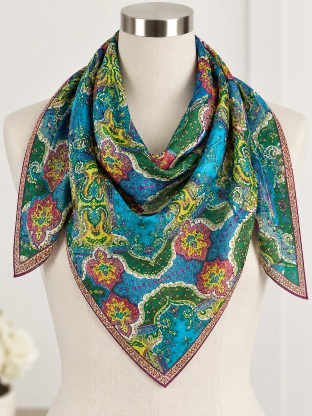 Vintage Vera Silk Paisley Square Scarf Colorful Boho Retro Neck Wrap Signed